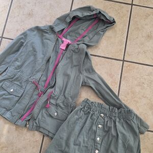Green Hooded Jacket and Skirt Set with Pink Accents